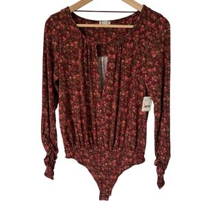 NWT Intimately Free People Bodysuit Women's Size Small Rust Red‎ Floral Keyhole